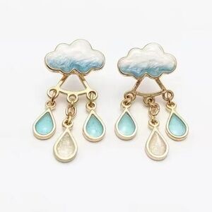 14K Gold 2 Piece Sky Blue Rain Cloud With Gemstone Drop Stud Earrings